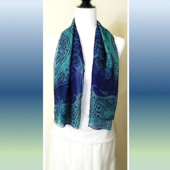 Top & Scarf 2in1 Blue Green Paisley Print Sheer Chiffon Slip-on Lightweight - Picture 5 of 14